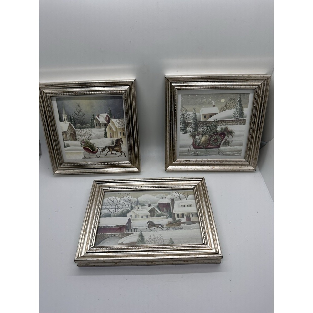 Crazy Mountain Winter Village Framed Prints Set of 3 Sleigh Horse Snow Scenes